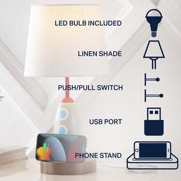 Houston 17.5" Coastal Style Iron/Resin Rocket LED Kids' Table Lamp with Phone Stand and USB Charging Port - JONATHAN Y